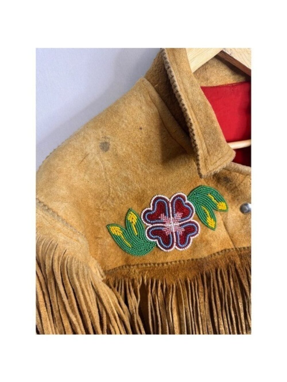 Vintage Buckskin Western Beaded Fringe Jacket Leather Floral Native Crop Women S - Picture 3 of 16